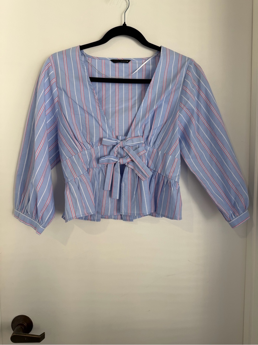 Zara Blue and White Striped Tie-Front Peplum Blouse NWOT